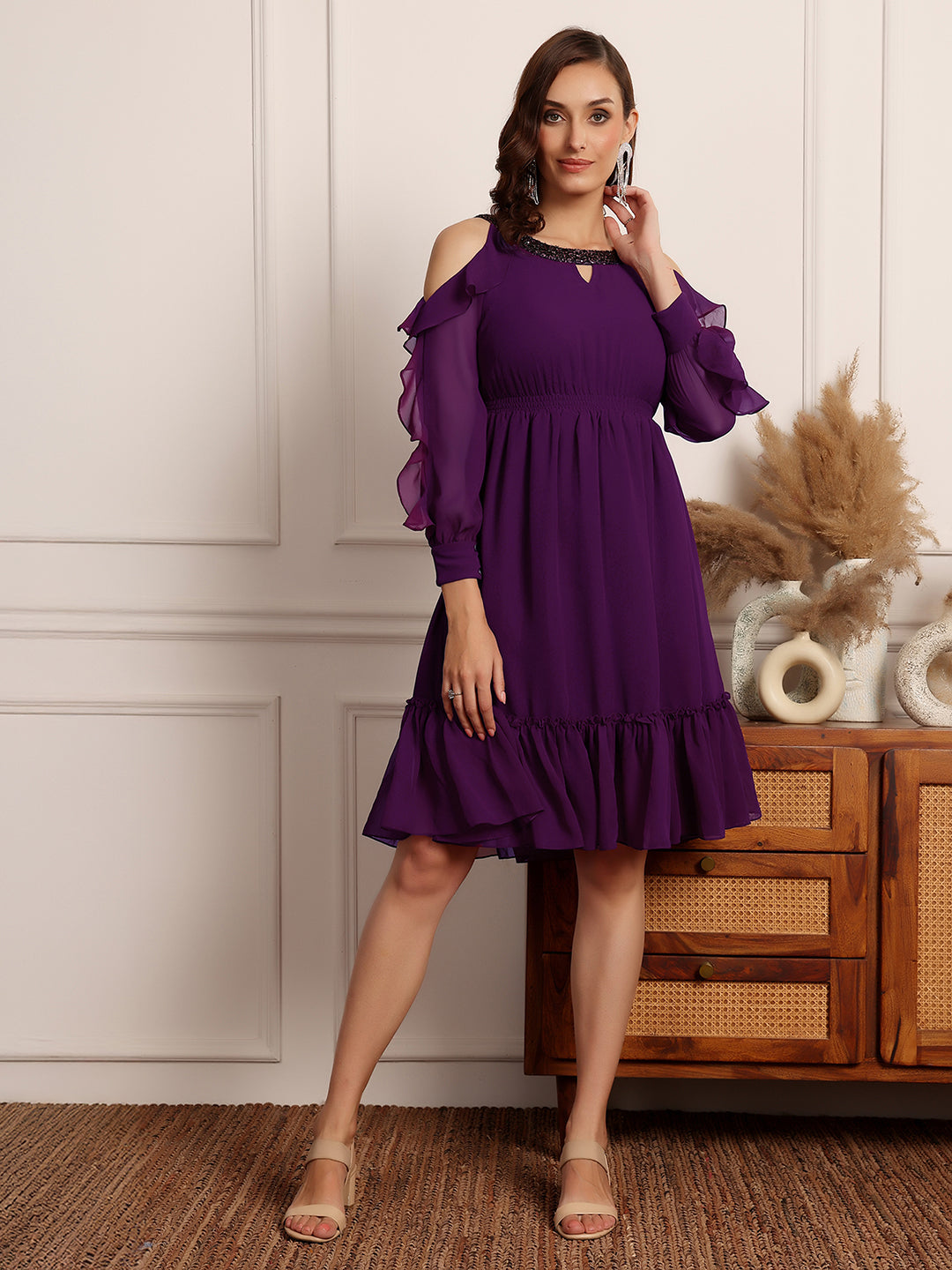 Women's Dark Purple Solid Round Neck Full Sleeves Polyester Ruffled Knee Length Dress