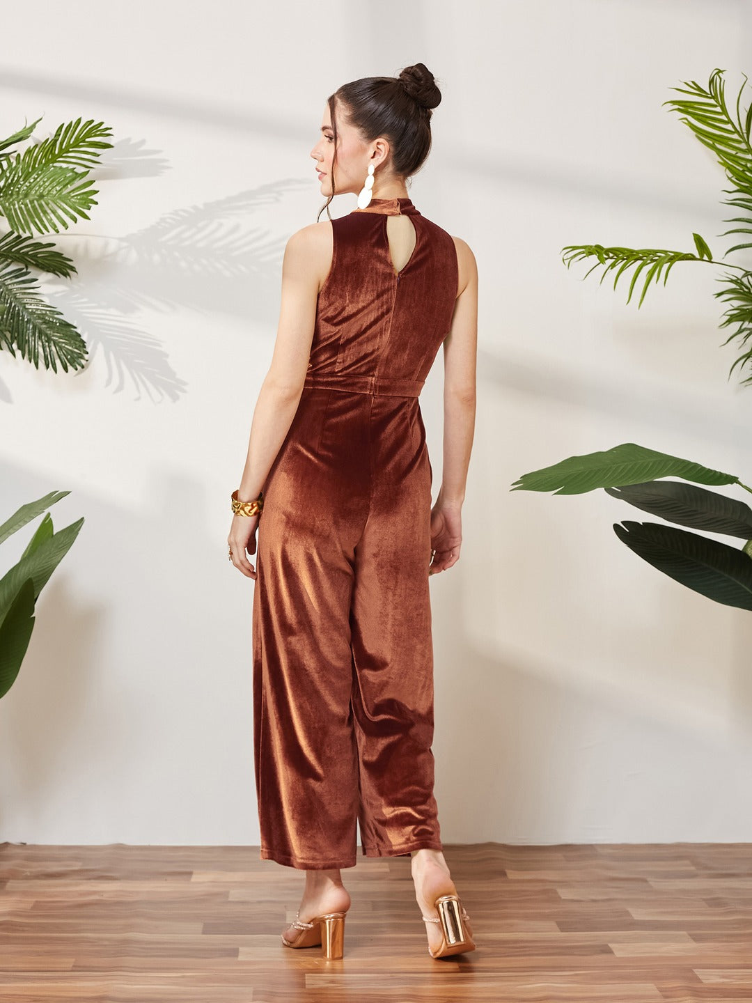 Rust Choker Neck Sleeveless Solid Pleated Regular Jumpsuit for Women