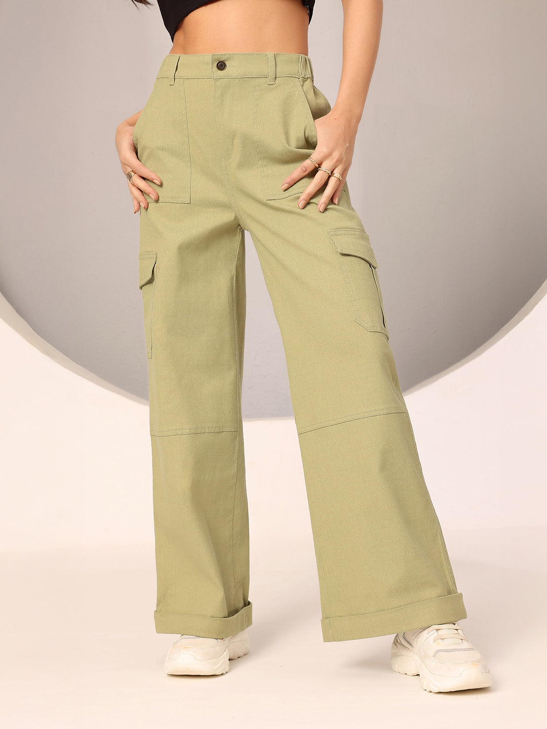 Women's Olive Wide-Leg High Rise Clean Look Regular Stretchable Denim Jeans