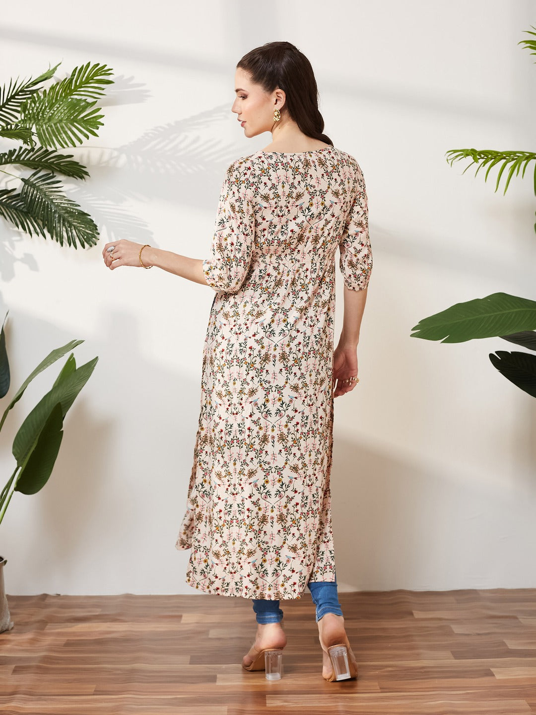 Round Neck 3/4 Sleeve Floral Tie-Up Tassel Detailing Front Slit Maxi Top for Women
