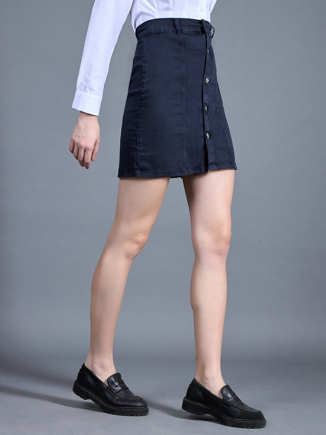 Women's Navy Blue Stretchable Solid A-line Mini Denim Skirt