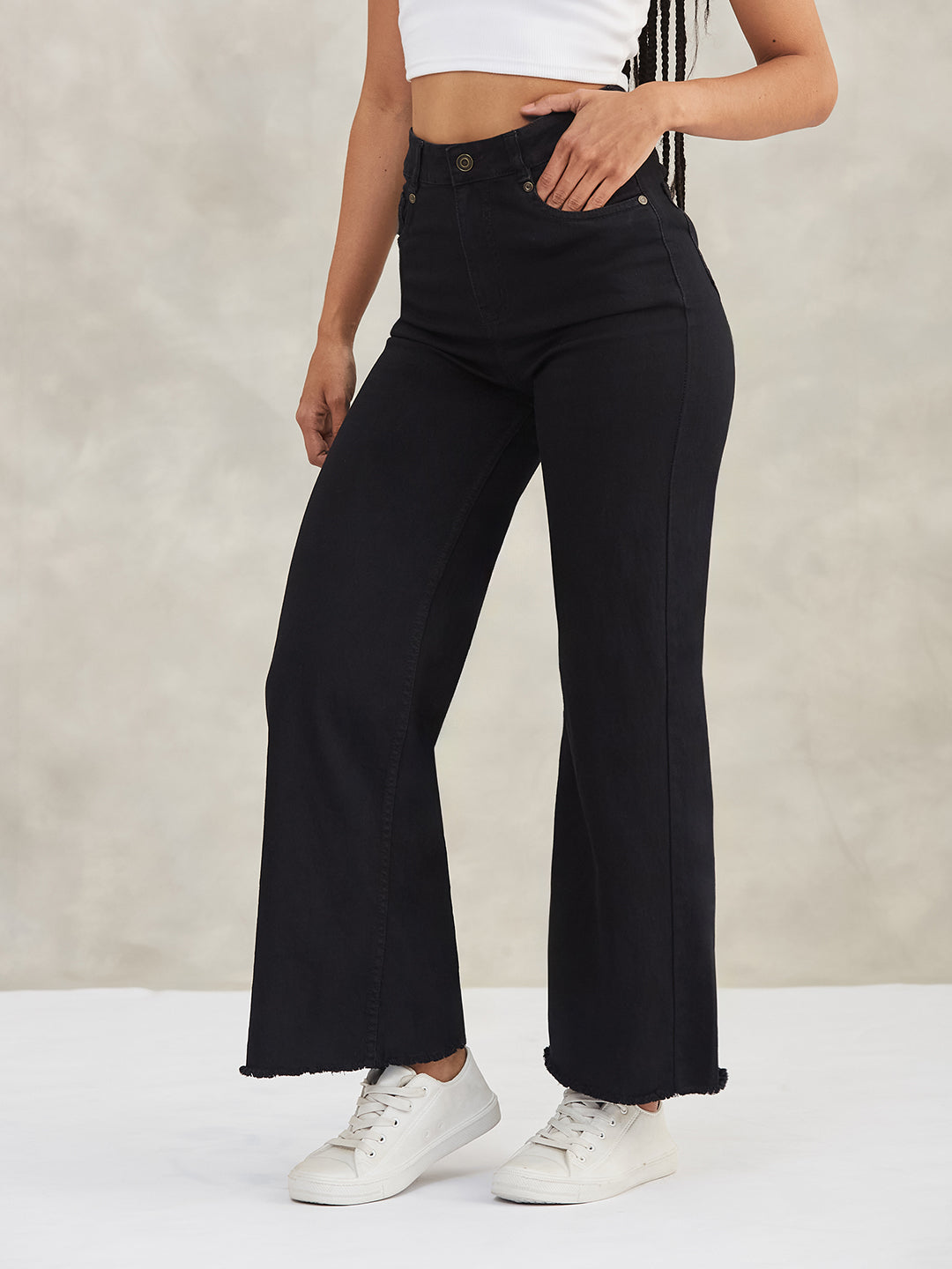 Women's Black High-Rise Stretchable Wide-Leg Denim Jeans
