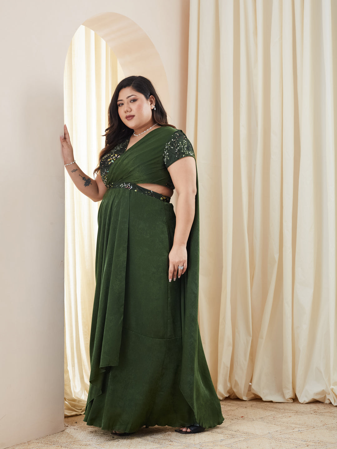 Olive V-Neck Short-Sleeve Embellished Draped Maxi Velvet Dress for Women