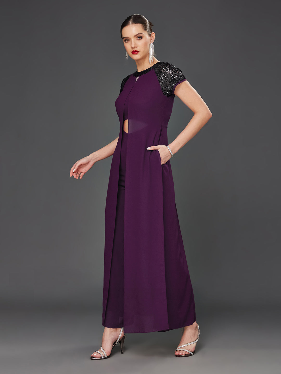 Women's Purple Solid Round-Neck Raglan-Short Sleeves Sequin Panel Layered Embellished Polyester Jumpsuit