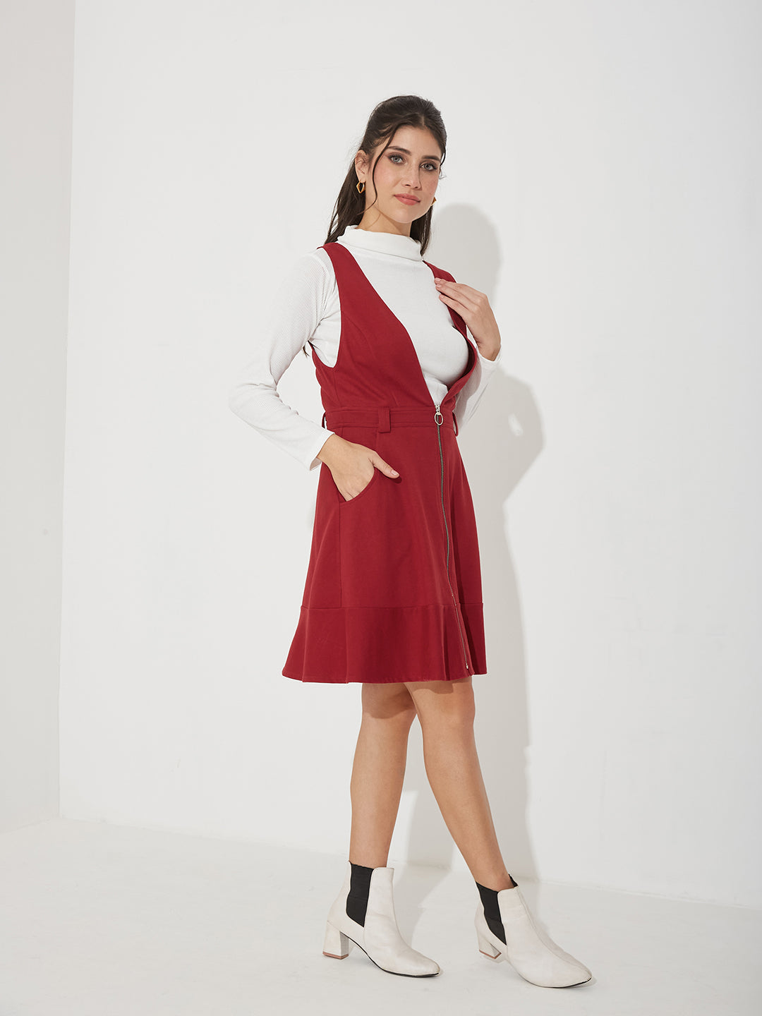 Maroon Solid Polyester Pinafore Dress with Zipper Detail and Side Pockets for Women — Miss Chase