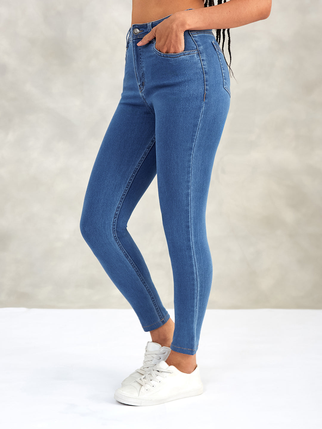 Women's Blue Skinny High-Rise Distressed Cropped Denim Jeans