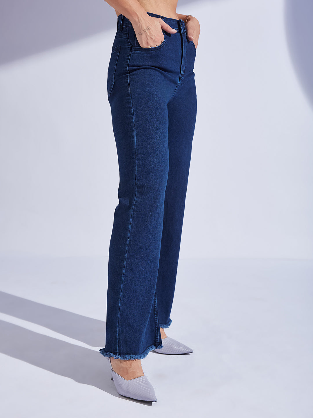24/7 Comfort Navy-Blue Wide-Leg High-Rise Clean-Look Regular-Length Stretchable Denim Jeans for Women — Miss Chase