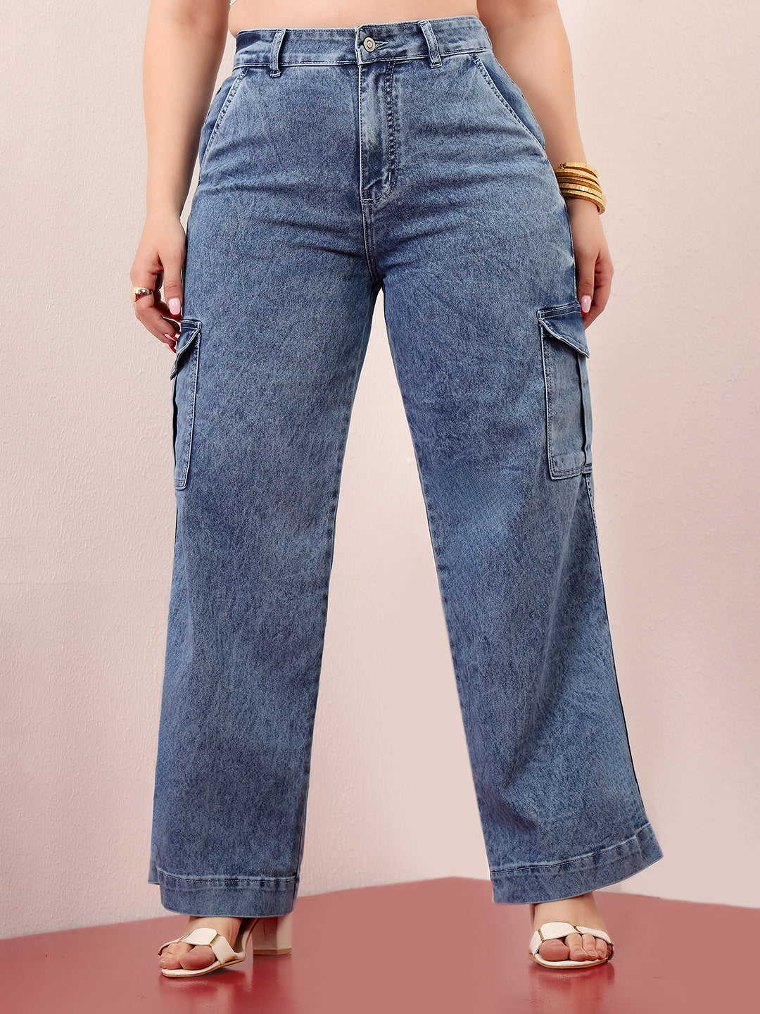 Women's Light Blue Wide-Leg High-Rise Clean-Look Stretchable Flared Cargo-Style Denim Jeans