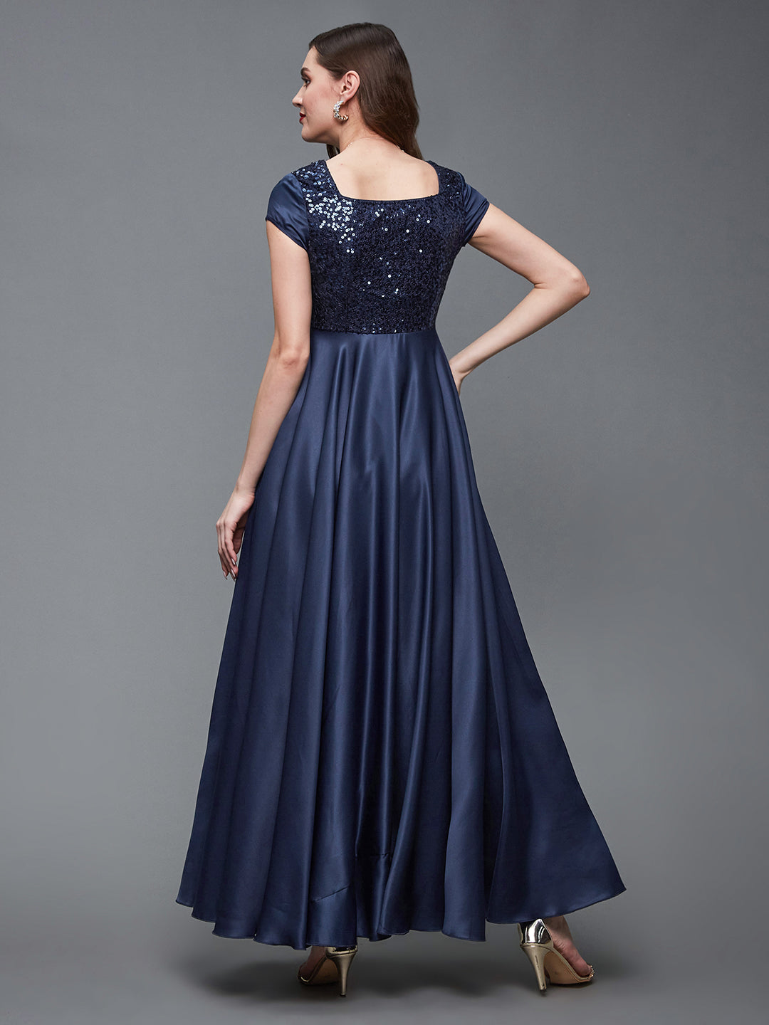 Navy Blue Short Sleeves Sequinned Fit and Flare Maxi Dress Long Dress Frock