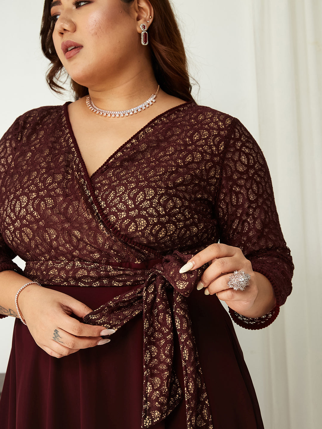 Wine Long Sleeves Fit and Flare Wrap Maxi Dress Gown with Lace Belt for Women | Bridesmaids' Favourites