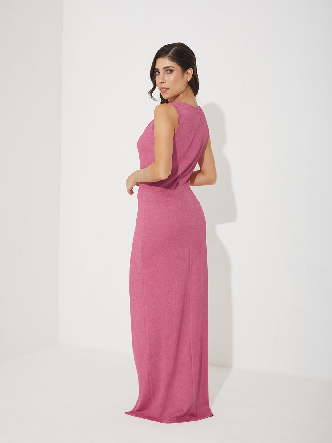 Women’s Pink Asymmetric Cowl Sleeveless Solid Bodycon Maxi Polyester Dress for Women