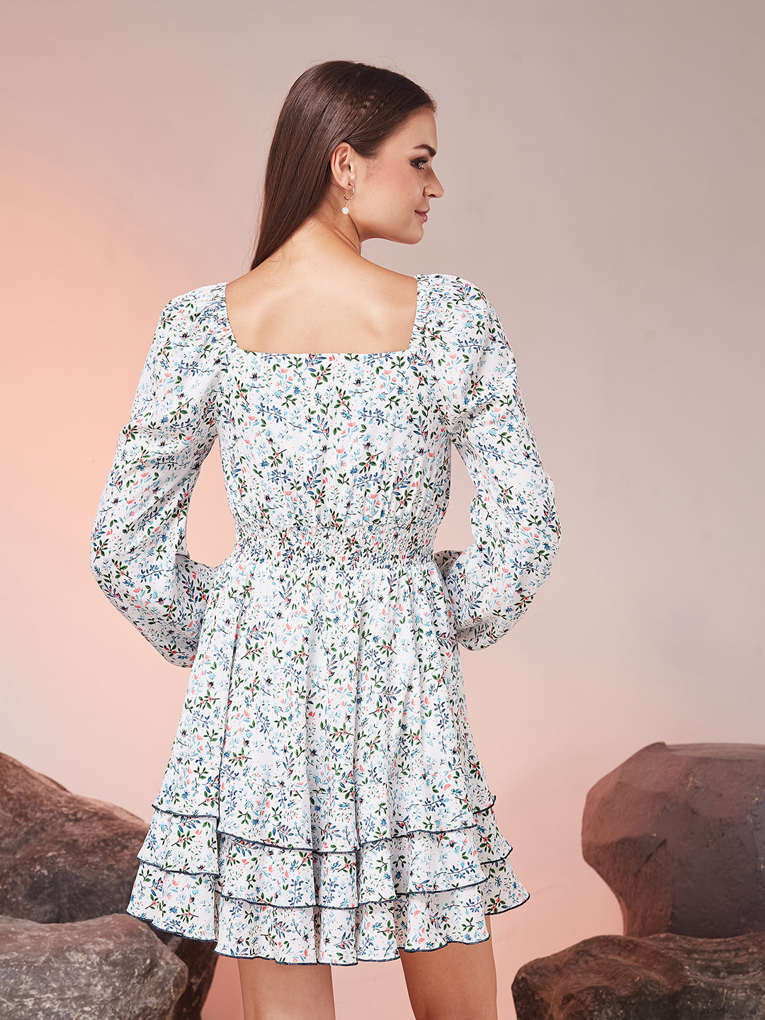 Off White Tie-Up Bishop Floral Layered Knee-Long Crepe Dress for Women