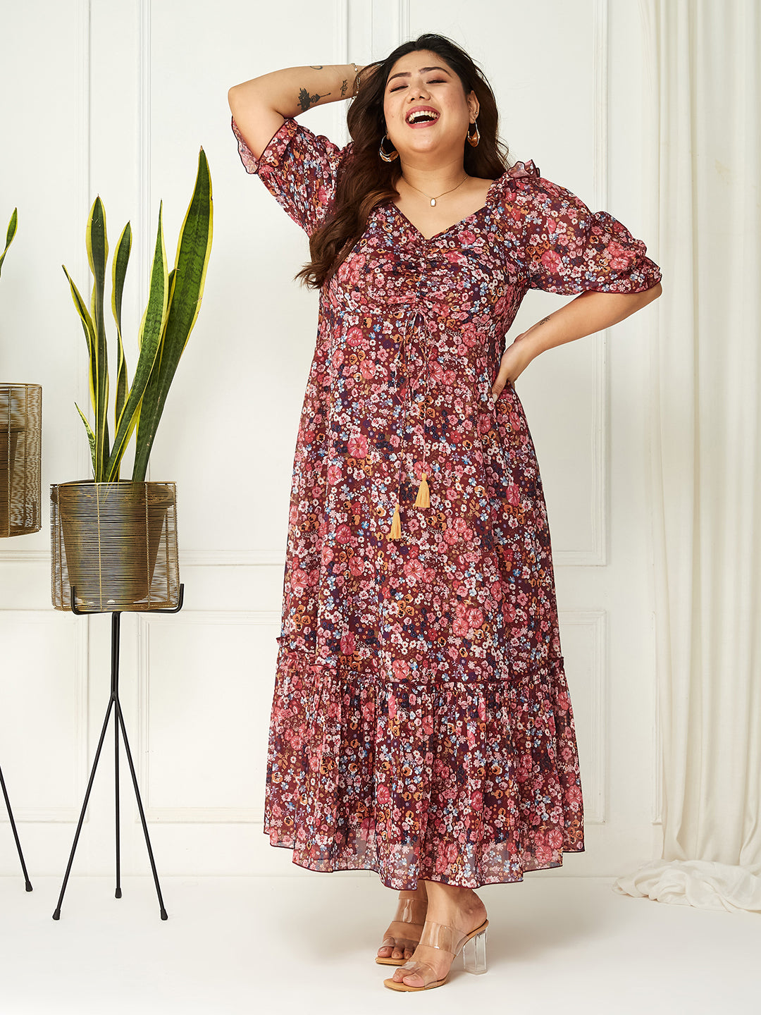 Body Bliss Multicolored-Base-WineFloral Ruching Ankle-Length Dress