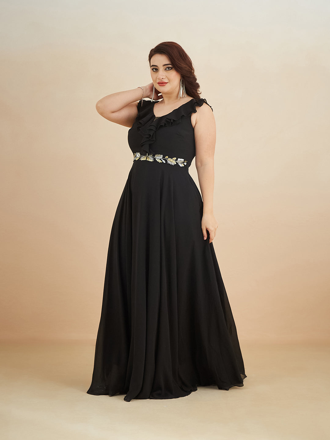 Black Sleeveless Embroidered Ruffled Georgette Maxi Dress for Women