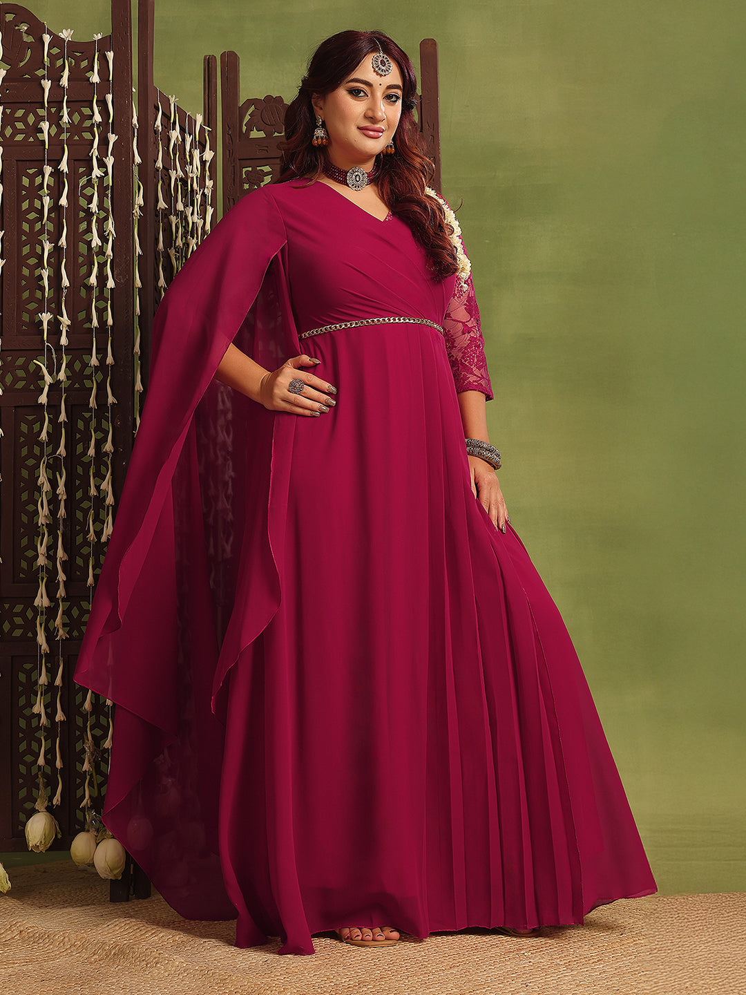 Women's Dark Pink V-Neck Asymmetric Self-Design Georgette Maxi Dress
