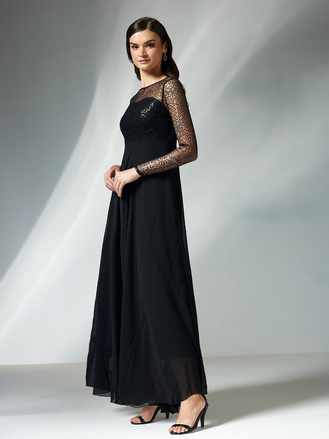 Women's Black Solid Embellished Maxi Dress