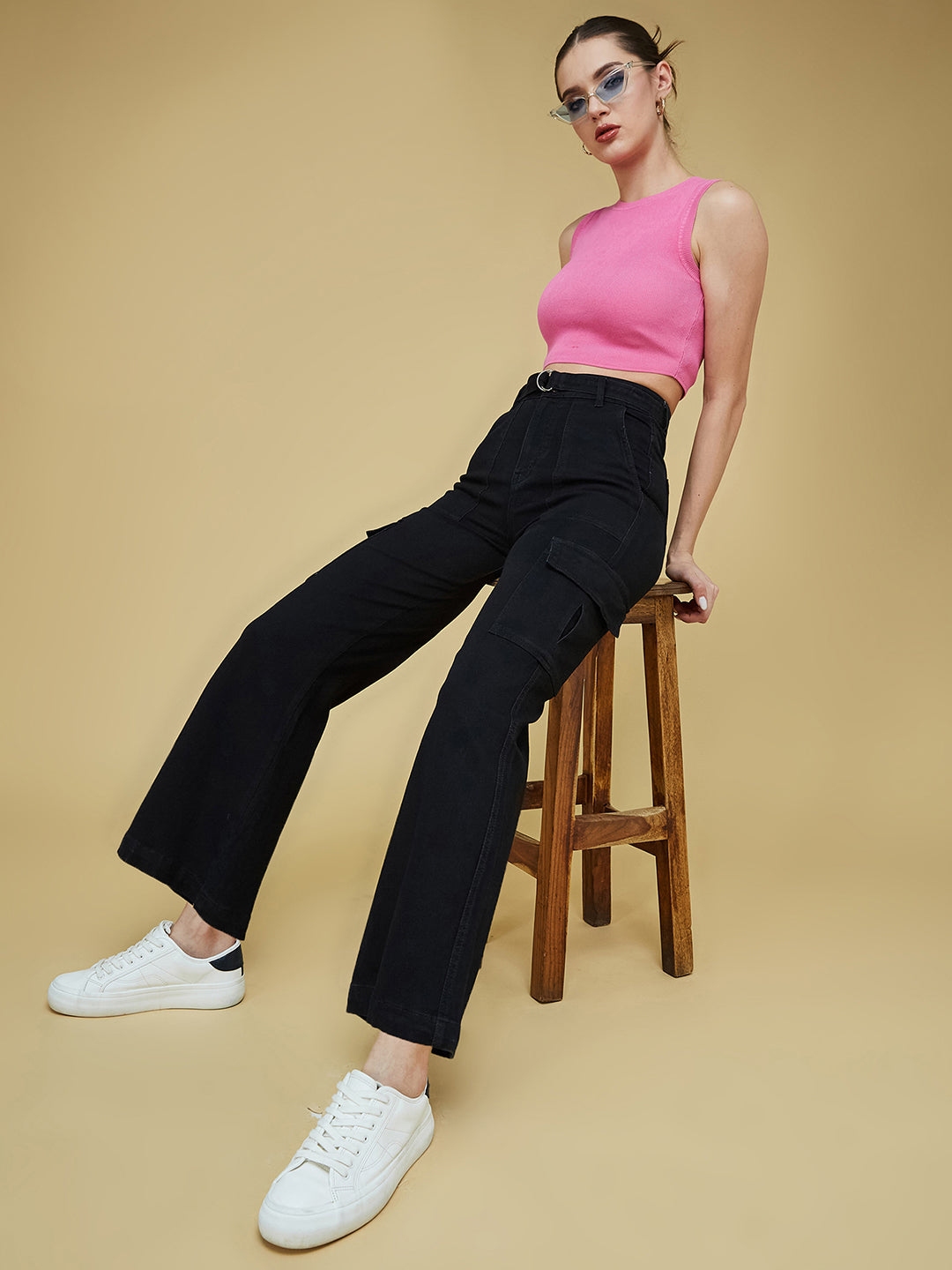 Black Wide-Leg High-Rise Clean-Look Regular Stretchable Denim Jeans for Women