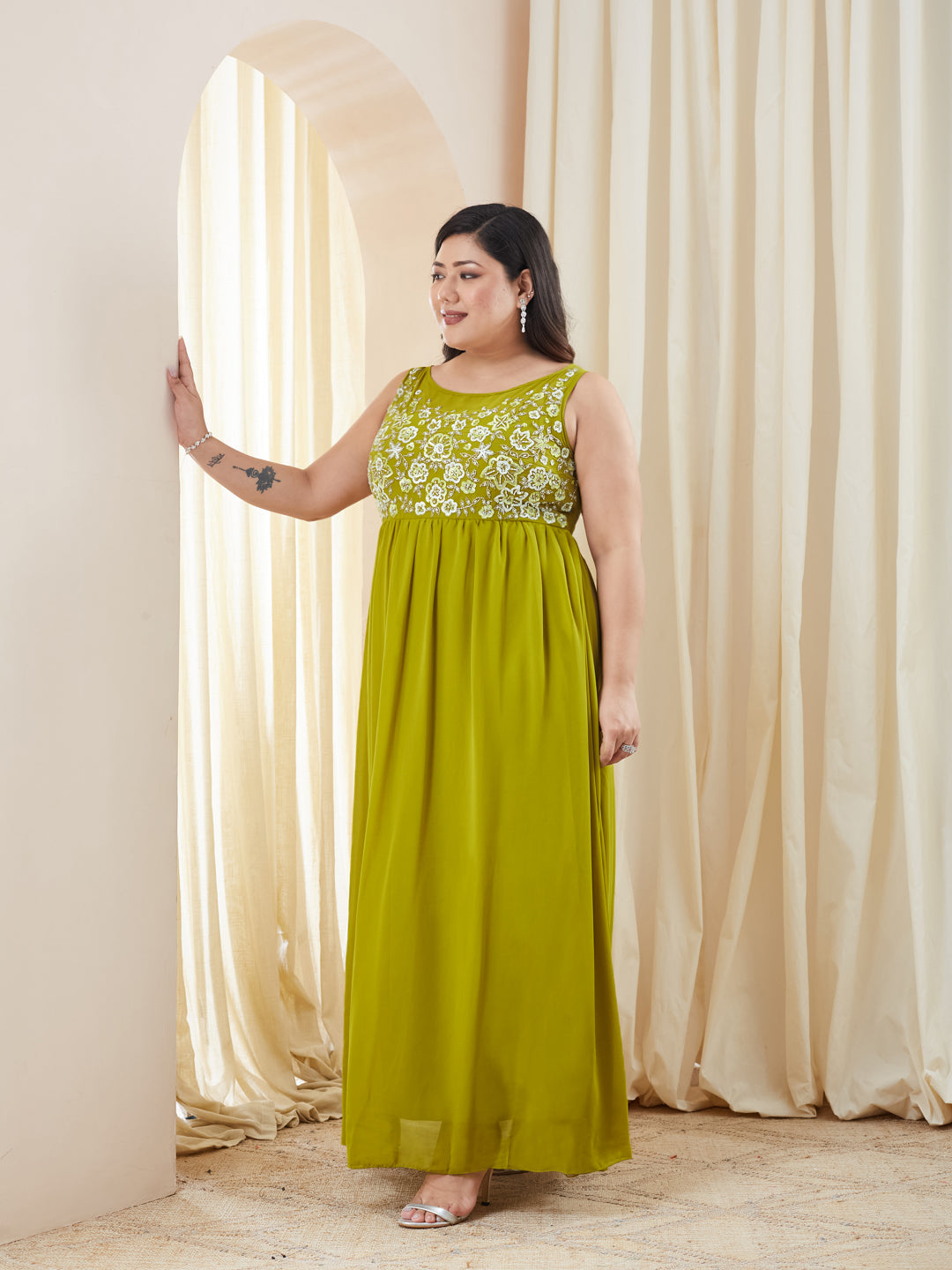 Lemon Green Boat Neck Sleeveless Embroidered Georgette Gathered Maxi Dress for Women