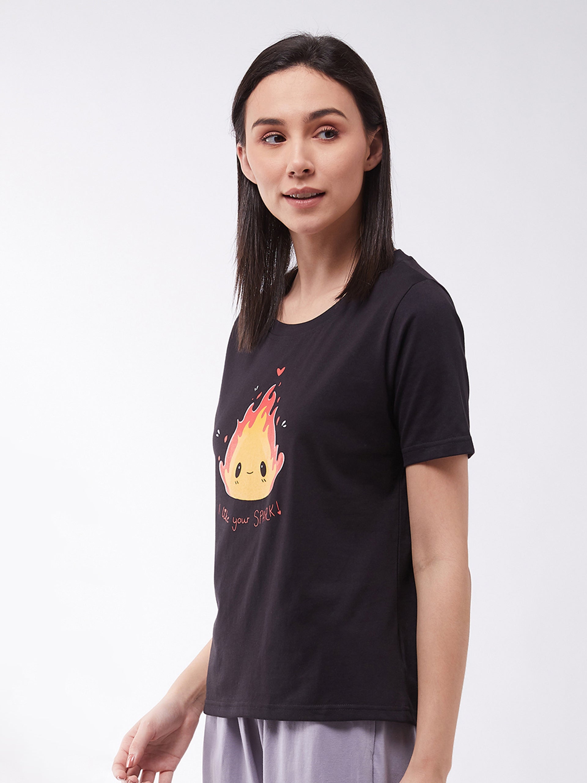 Women's Black Cotton Solid Regular Length Round Neck Short Sleeves Loungewear T-shirt