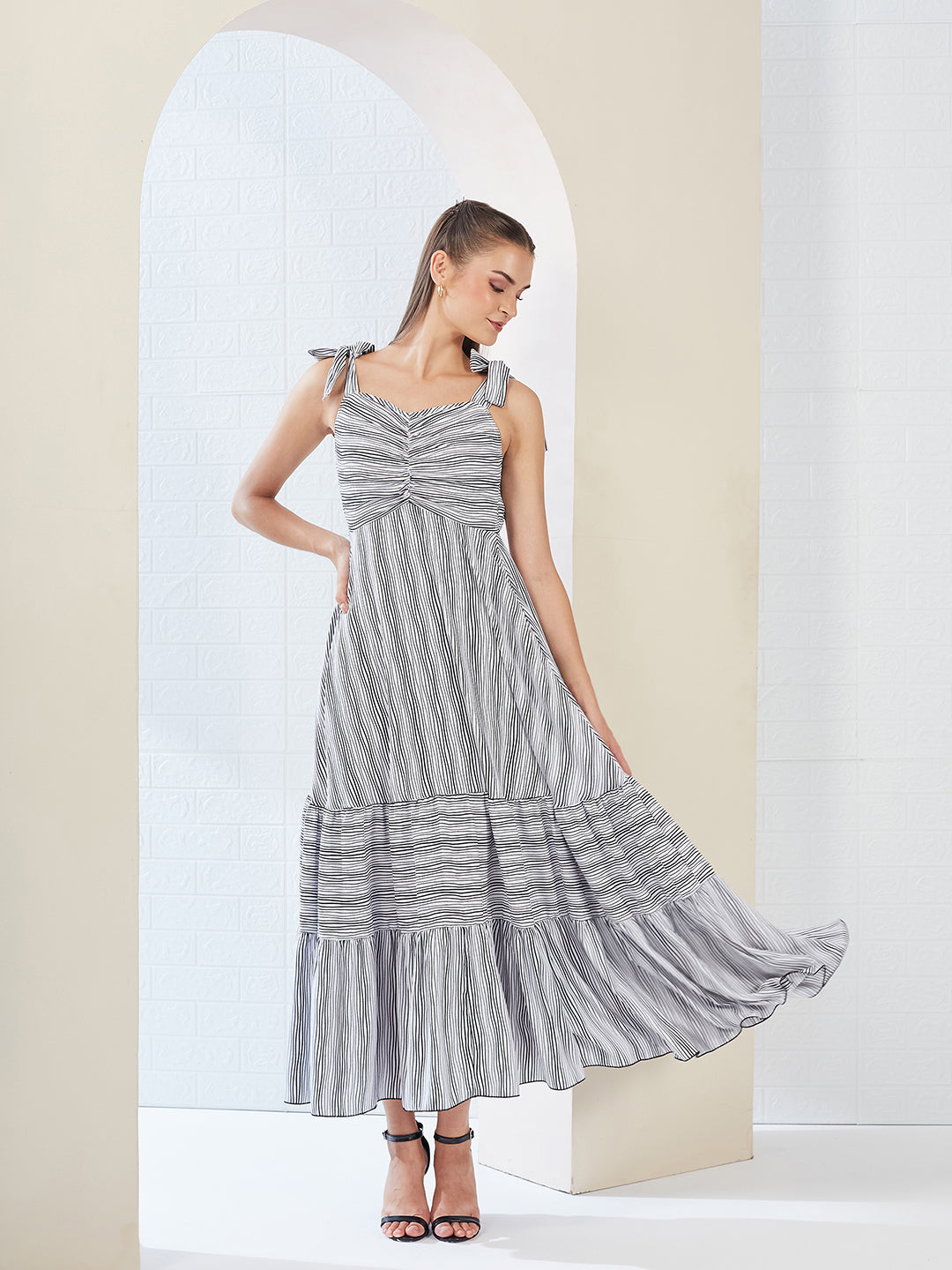 Black & White Striped Sweet-Heart Neck Tie-Up Viscose Rayon Tiered Relaxed Fit Longline Dress for Women