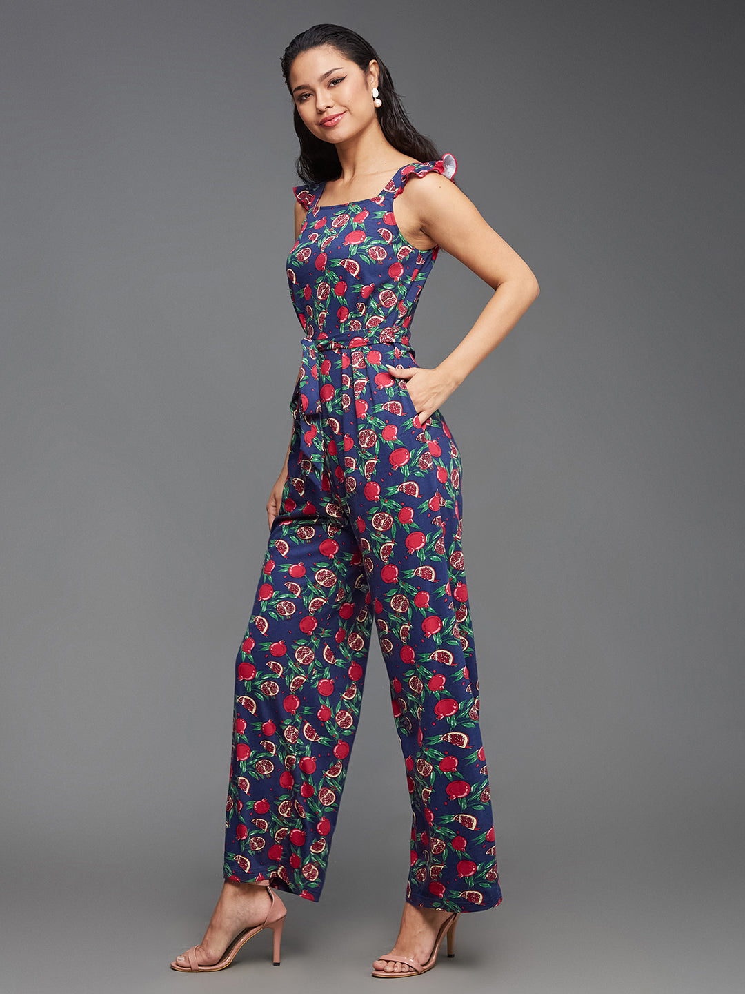 Women's Multicolored-Base-Navy Square Neck Sleeveless Fruit Waist Tie-Up Pure Cotton Regular-Length Jumpsuit