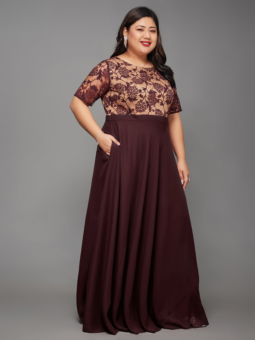 Wine Short Sleeves Lace Fit and Flare Maxi Dress Long Dress Gown Frock for Women | Bridesmaids' Favourites