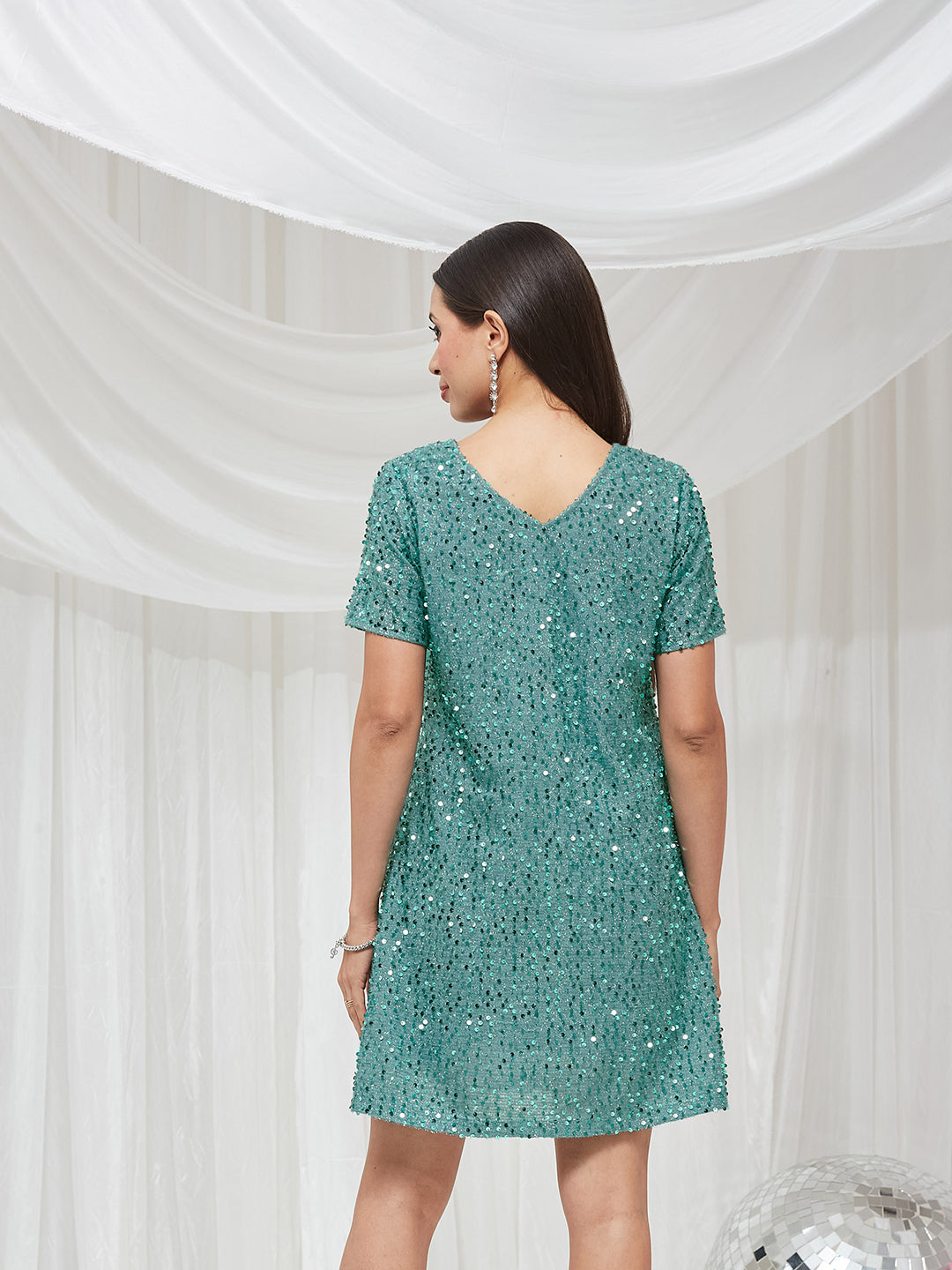 turquoise Round Neck Half Sleeve Embellished A-Line/ T-Shirt Knee-Long Sequined Dress for Women — Miss Chase