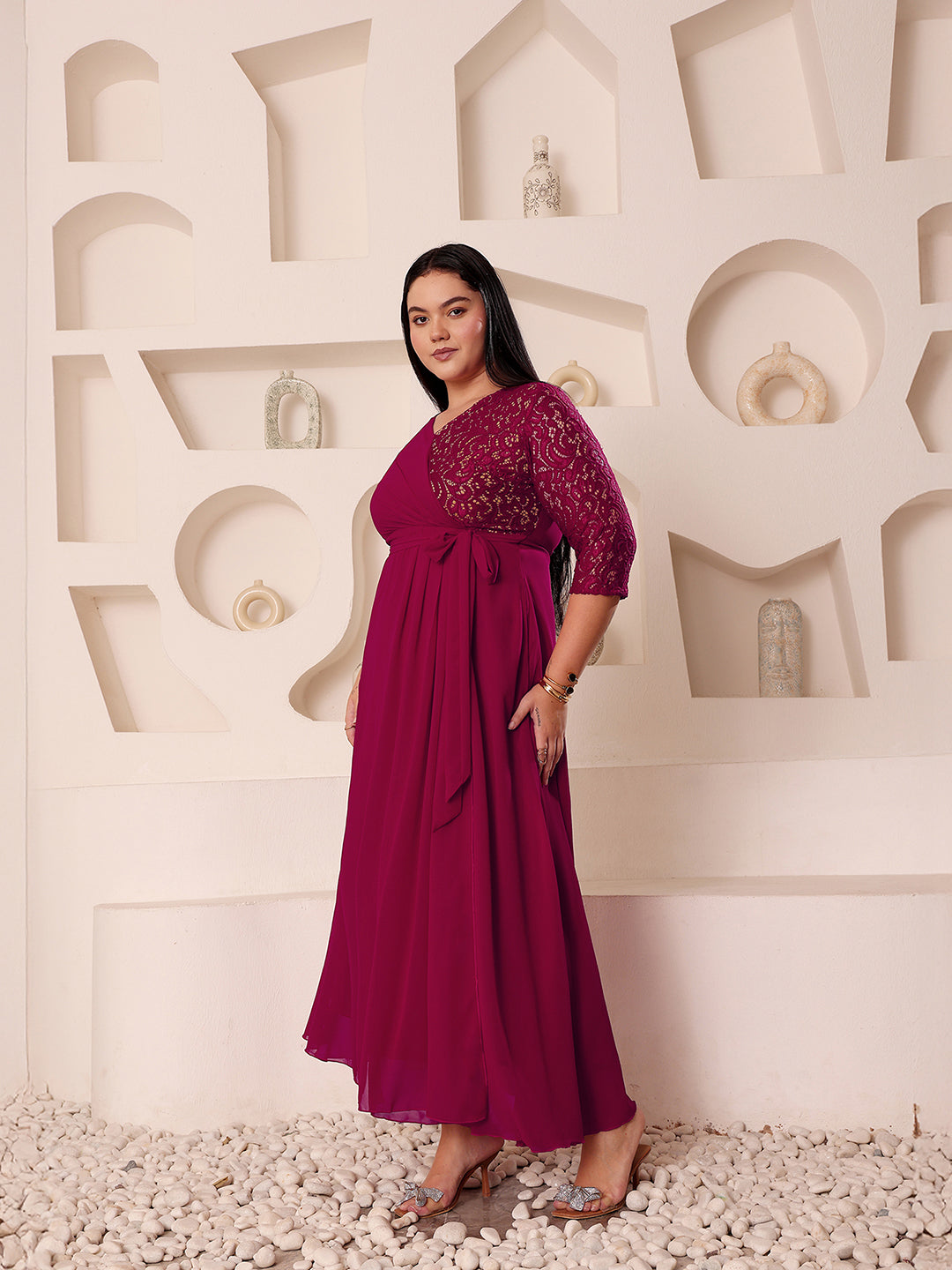 Body Bliss Dark Pink Colored V-Neck Three-Quarter Sleeve Self-Designed Wrap Maxi Georgette Dress
