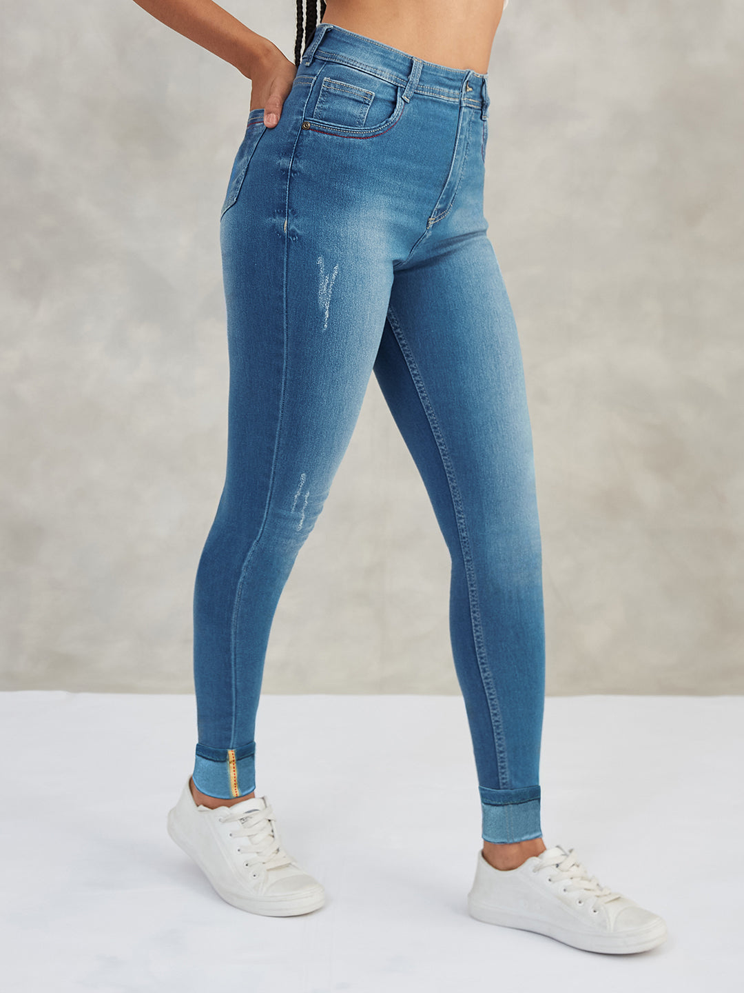Women's Blue Skinny High-Rise Twill Tape Detailing Scraped Stretchable Denim Jeans