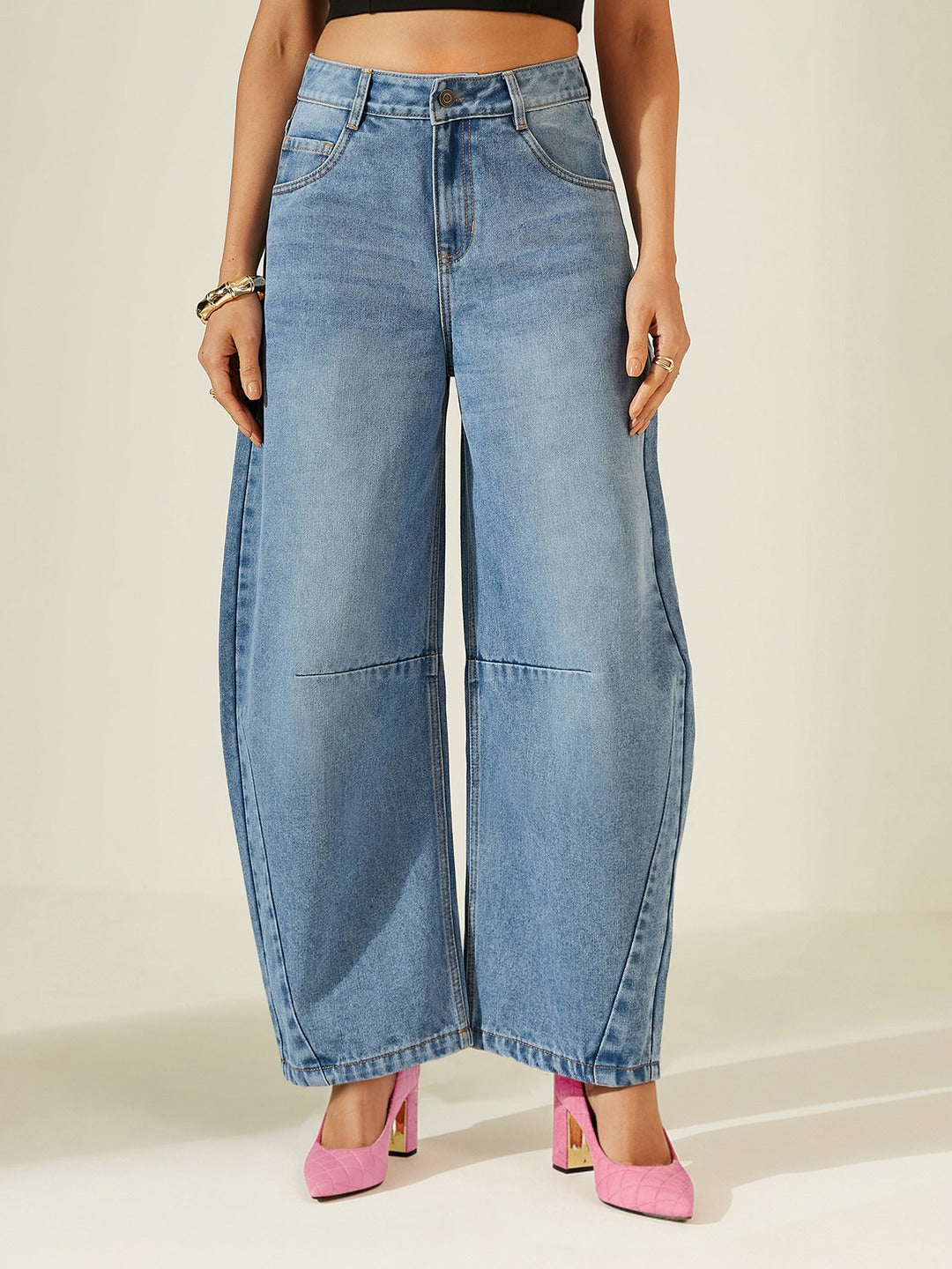 Mid Blue High Rise Barrel Fit Denim Jeans with Whiskering & Knee Dart Detailing for Women