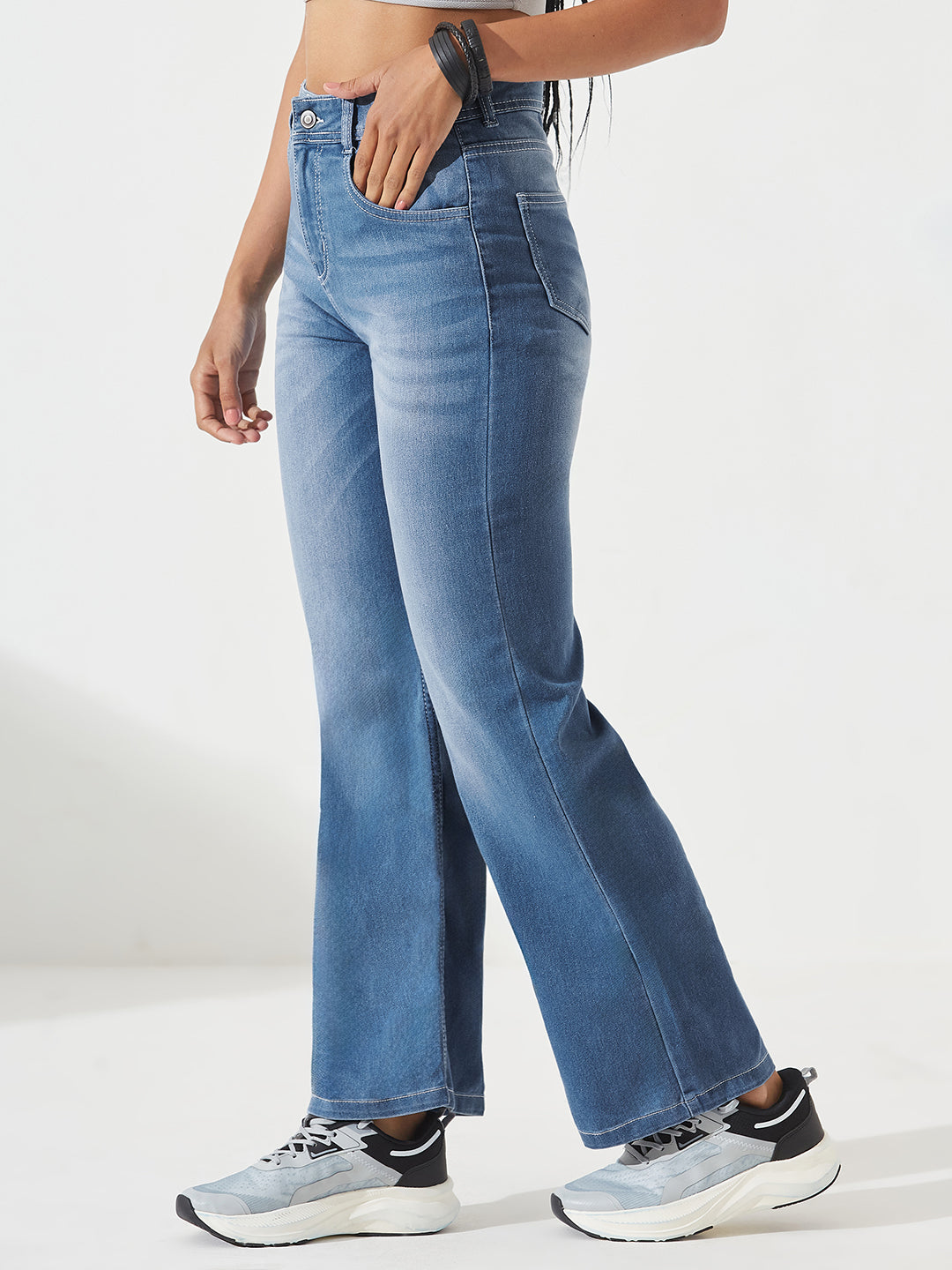 CHASEstretch™ Light-Blue Wide-Leg Mid-Rise Blast Effect Light Weight Denim Jeans for Women