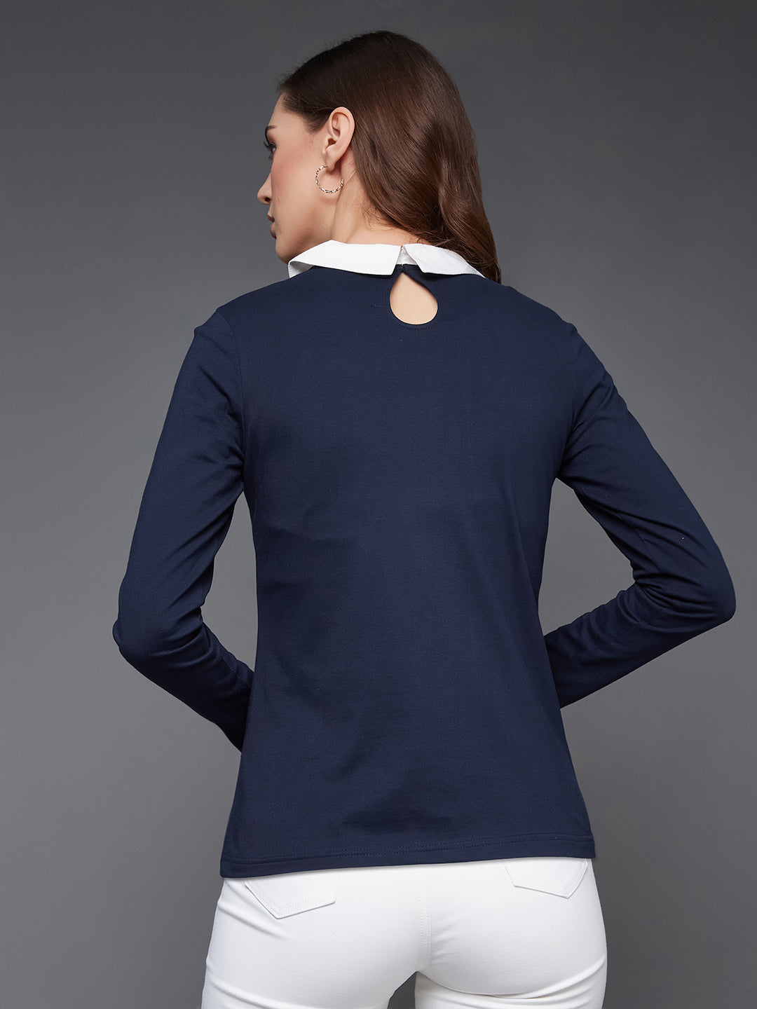 Navy-Blue Collared Round Neck Full Sleeve Cotton Solid Buttoned Top for Women