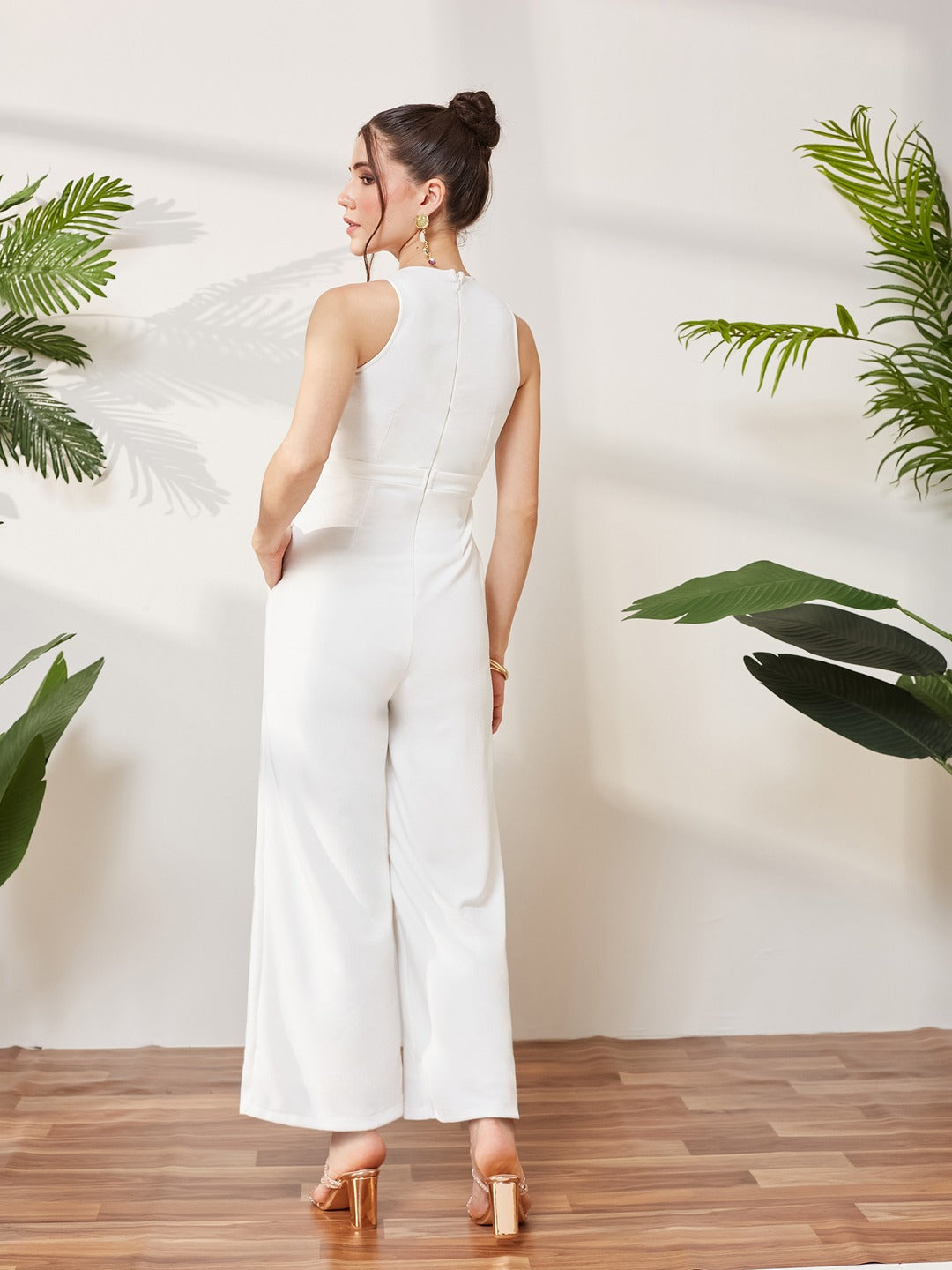 Off-White V-Neck Sleeveless Solid Wrap Polyester Jumpsuit for Women