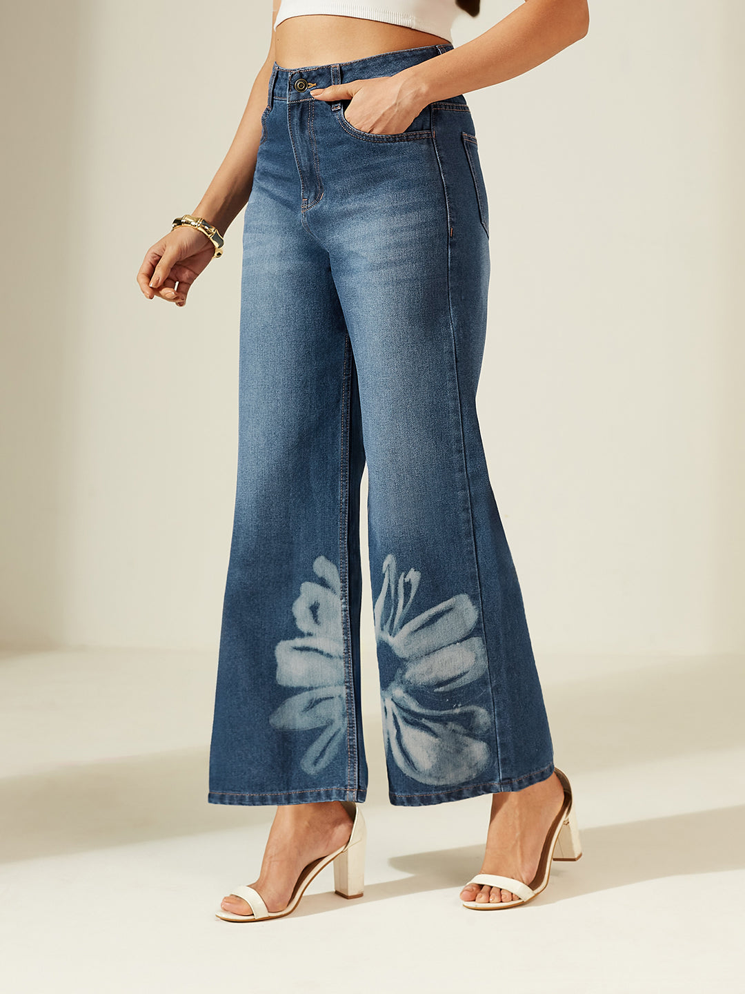 Navy Blue Wide-Leg High-Rise Denim Jeans with Hand-Painted Floral Motif Artwork for Women