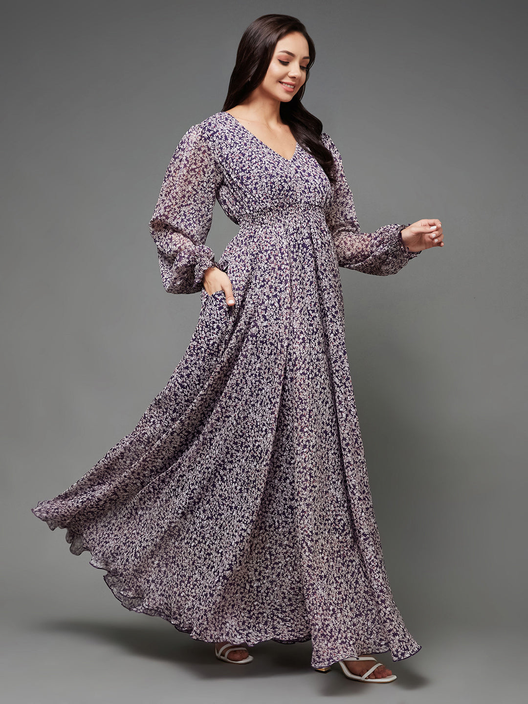 Women's Multicolored-Base-Purple V-Neck Bishop Sleeve Floral Gathered Chiffon Maxi Dress