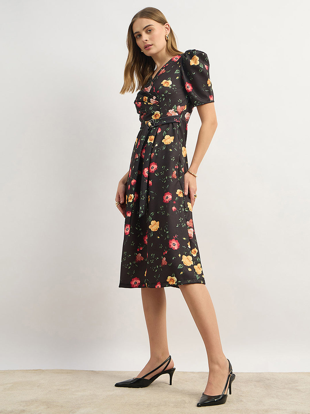 Women's Multicolored-Base-Black V-Neck Pleated Puff Sleeve Floral Patterned Wrap Midi Polyester Dress
