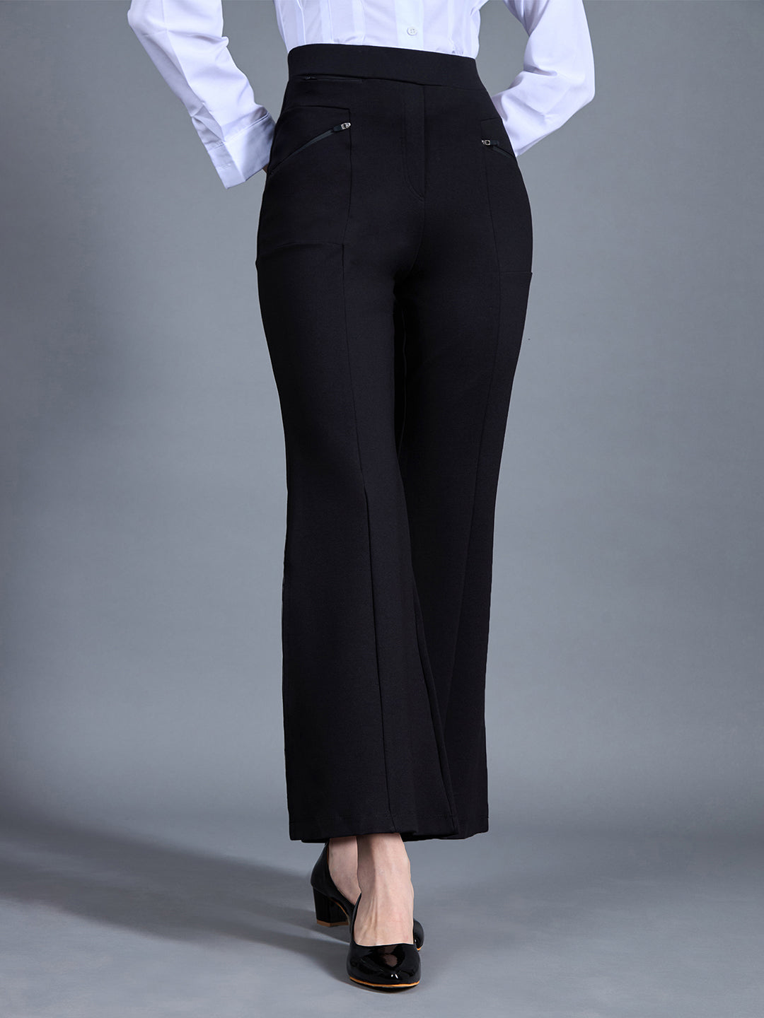 Women's Black Viscose Solid Side Slit Bootcut Regular Trouser