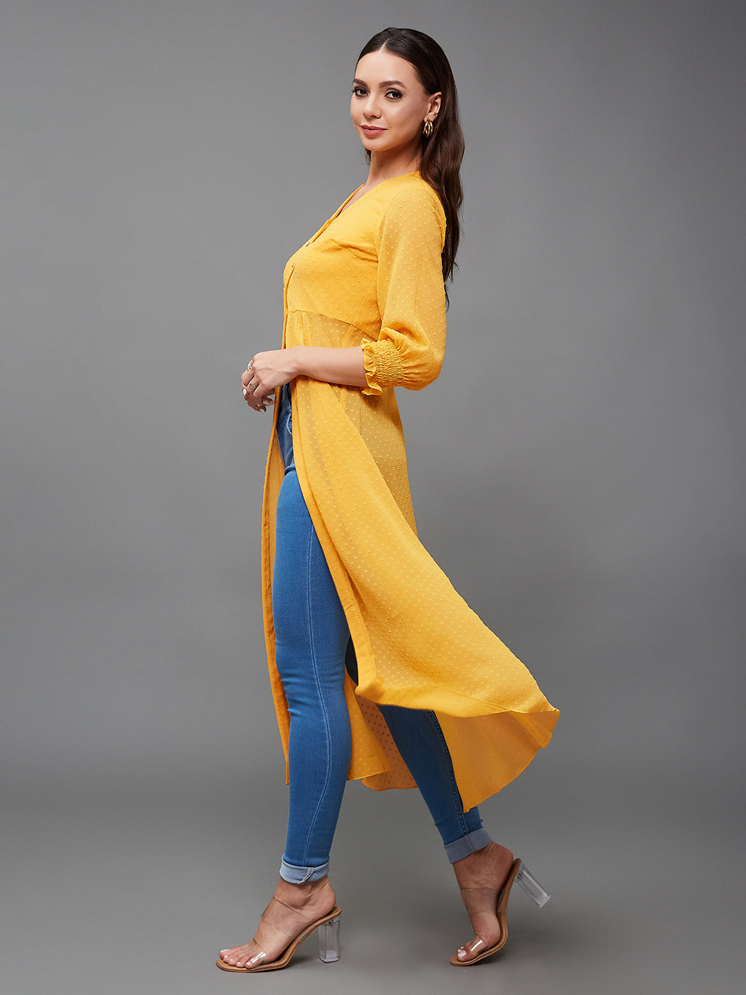 Mustard Yellow V-Neck 3/4 Sleeves solid empire Maxi Top for Women