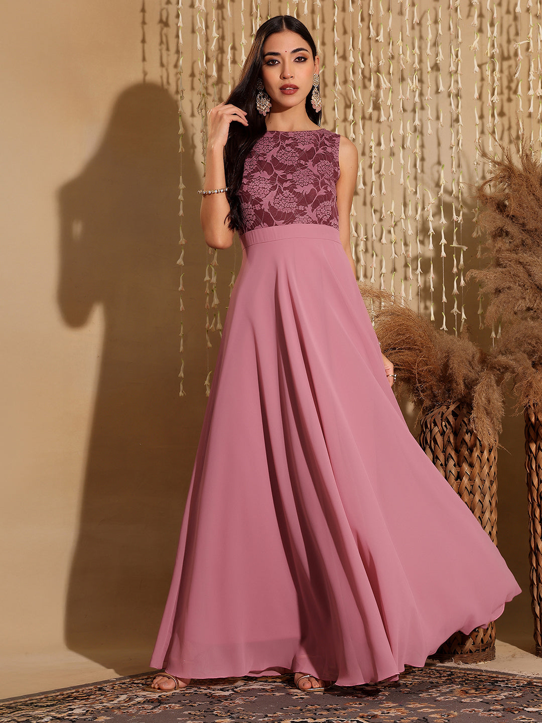 Women's Lavender Round neck Sleeveless Solid Lace Overlaid Maxi Dress