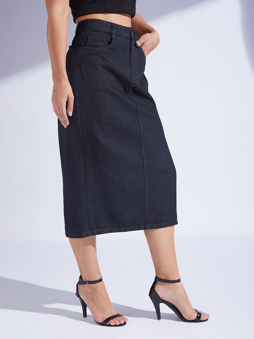 Women's Black Straight-Fit High-Rise Clean-Look Stretchable Denim Midi Skirt