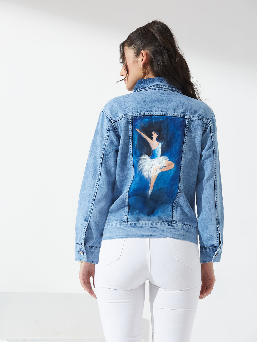 Light Blue Shirt Collar Full Sleeve Hand Painted Regular-Length Denim Jacket For Women