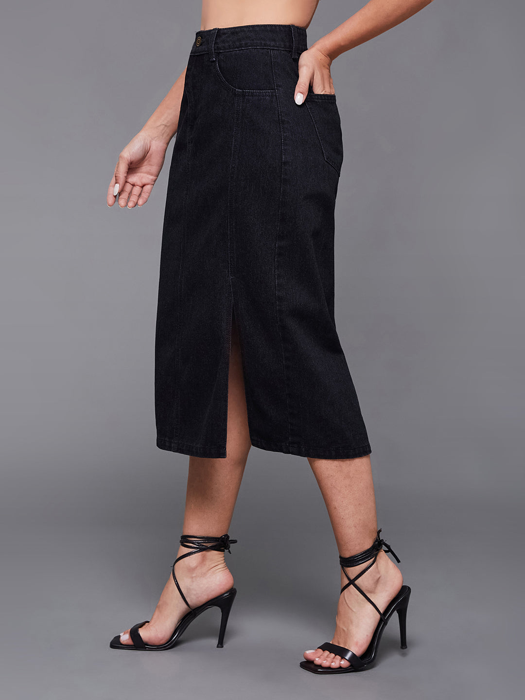 Black Straight-Fit High-Rise Stretchable Denim Midi Skirt for Women