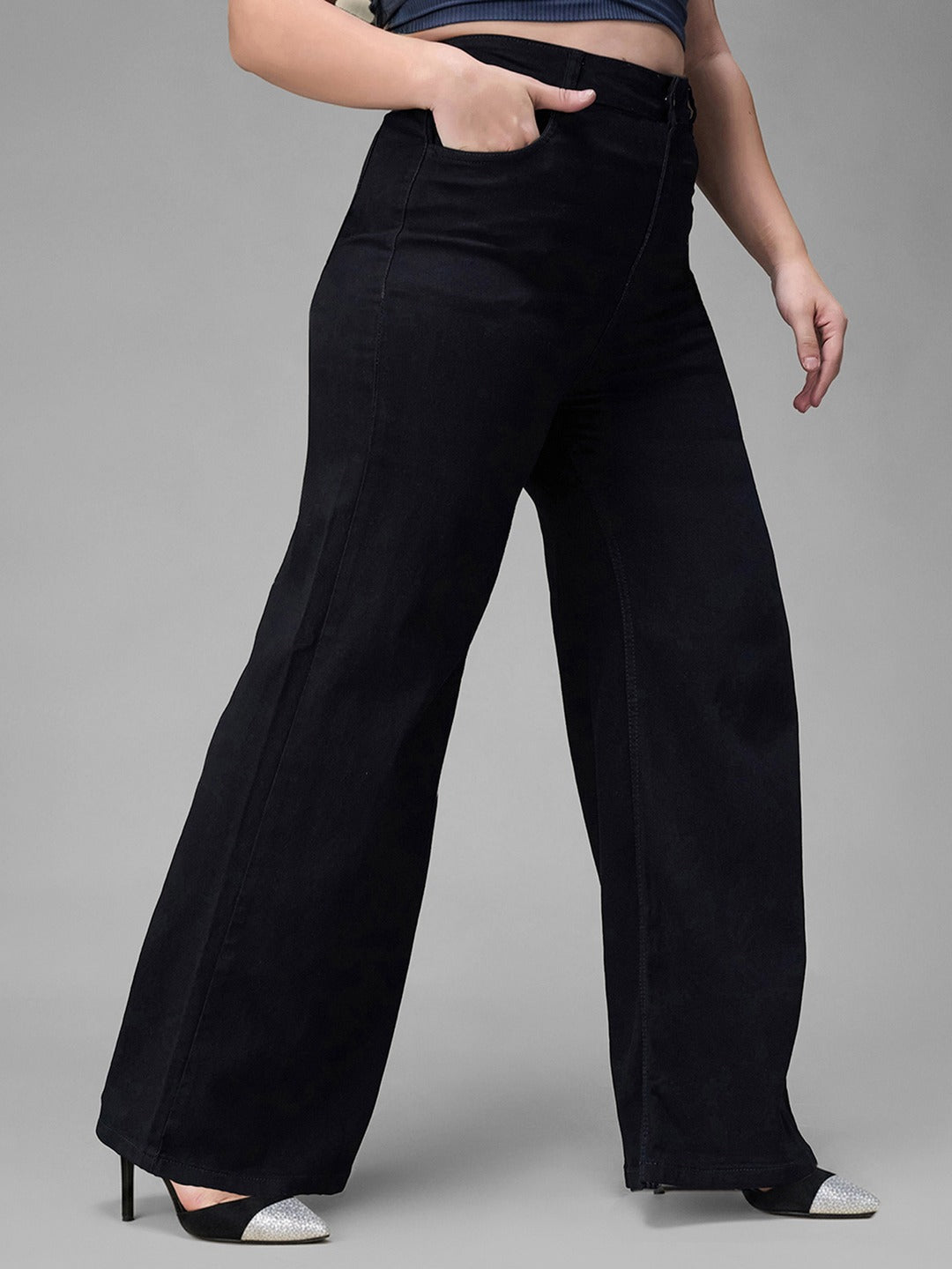 Black Wide Leg High Rise Stretchable Denim Jeans for Women