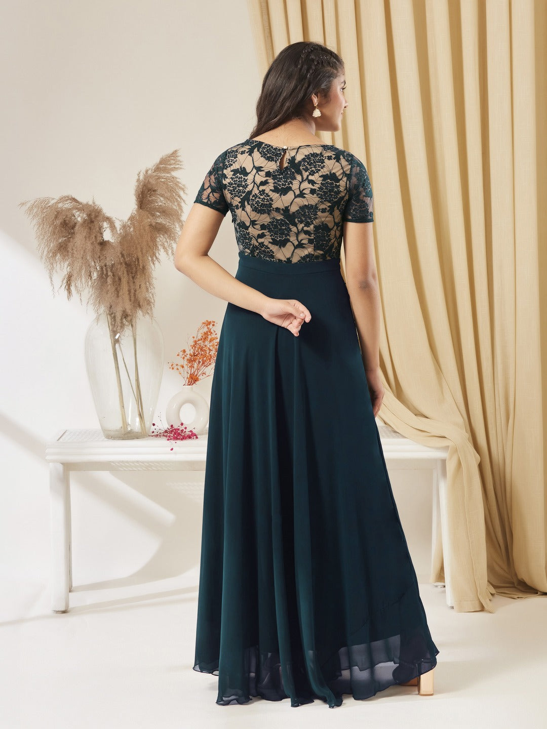 Teal Round Neck Half Sleeve Self Design Fit & Flare Georgette Maxi Dress for Girls/Teenagers