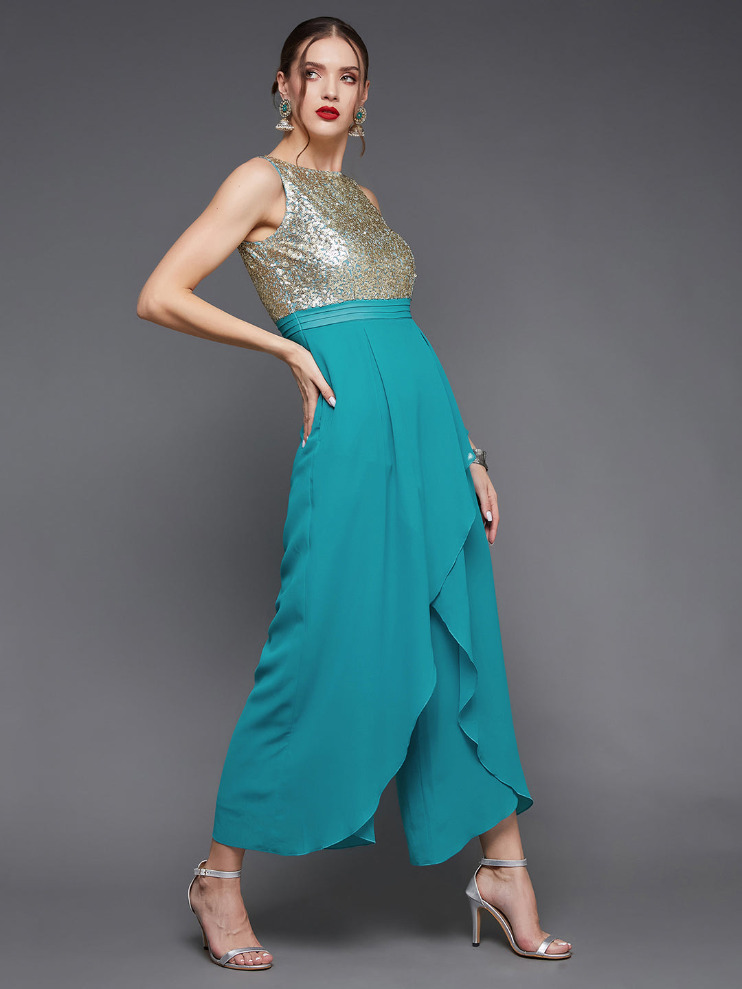 Women's Turquoise Round neck Sleeveless Gold Sequined Layered Party Jumpsuit