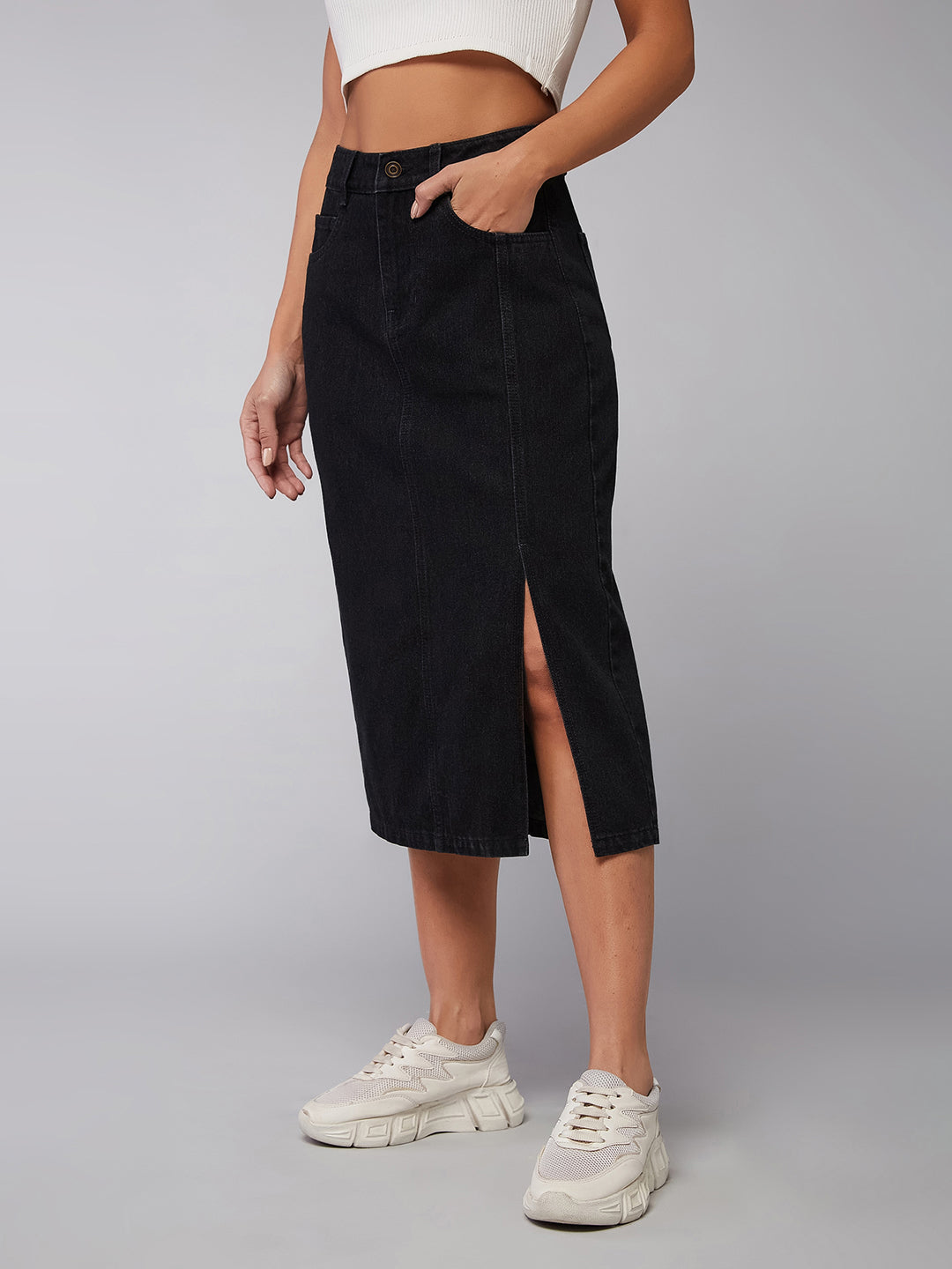 High-waisted, straight-fit, black denim midi skirt for women