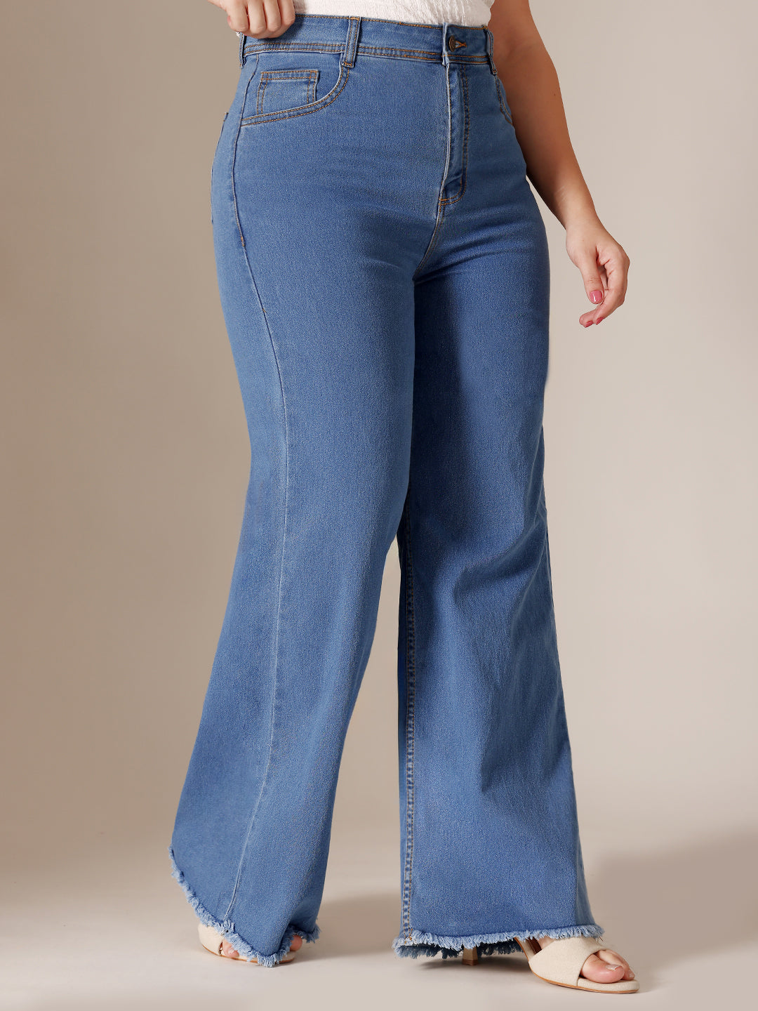 24/7 Comfort Mid Blue Wide-Leg High-Rise Clean-Look Regular-Length Stretchable Denim Jeans for Women