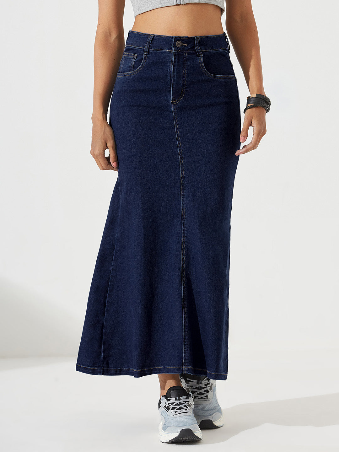 Dark Blue Flared High-Rise Stretchable Denim Maxi Skirt for Women