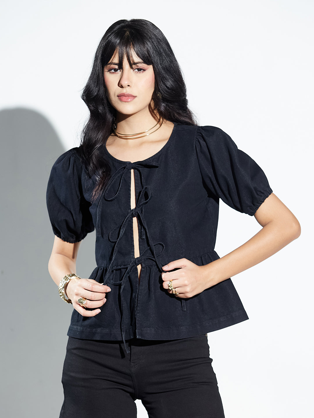 Black Round-Neck Puff-Sleeves Tie-Up Peplum Denim Top for Women