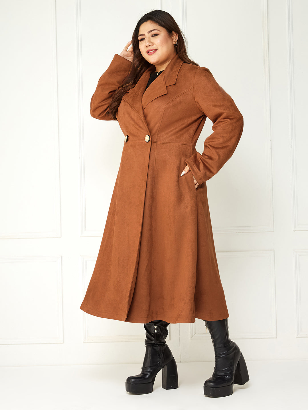 Body Bliss Brown Solid Double Breasted Longline Jacket for Women — Miss Chase A+